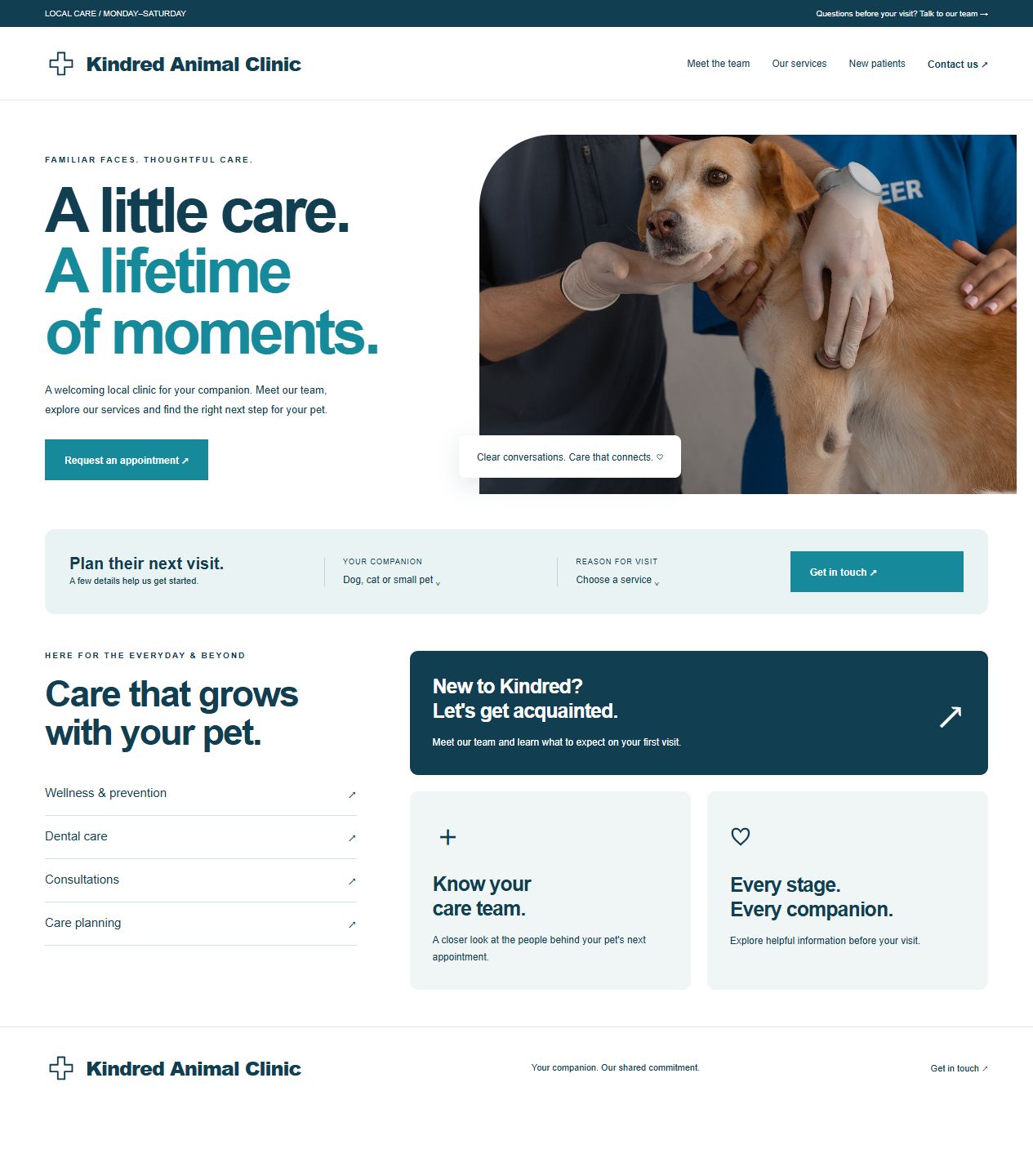 Kindred Animal Clinic original website design with distinct vet photography, hero composition and page layout